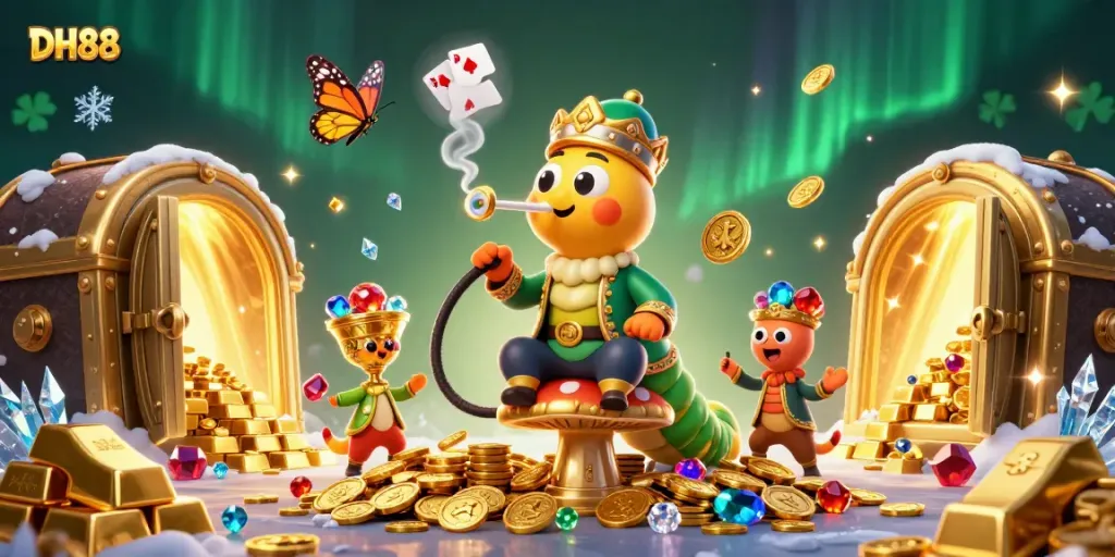 Engage with DH88's vibrant casino scene featuring characters amidst treasures and poker symbols.