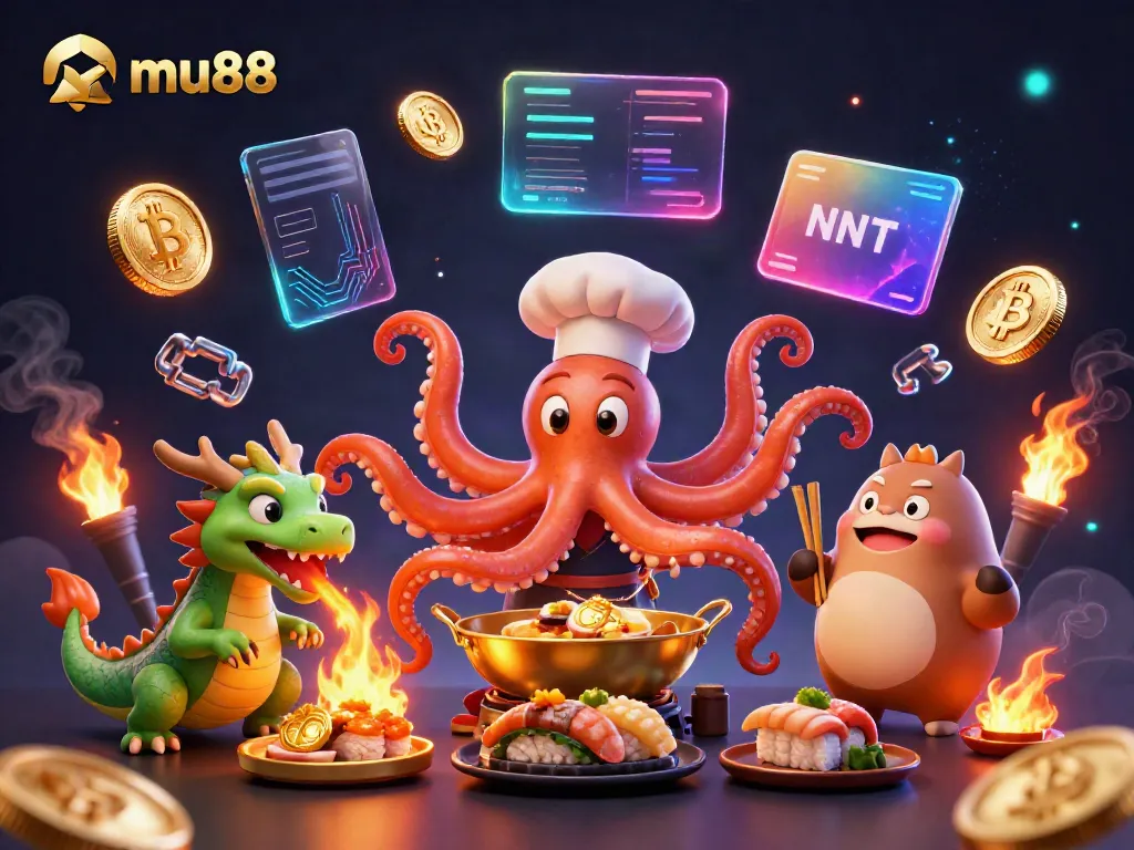 Witness the vibrant casino-themed artistry as mu88 comes to life with animated characters and glowing cryptocurrency elements.