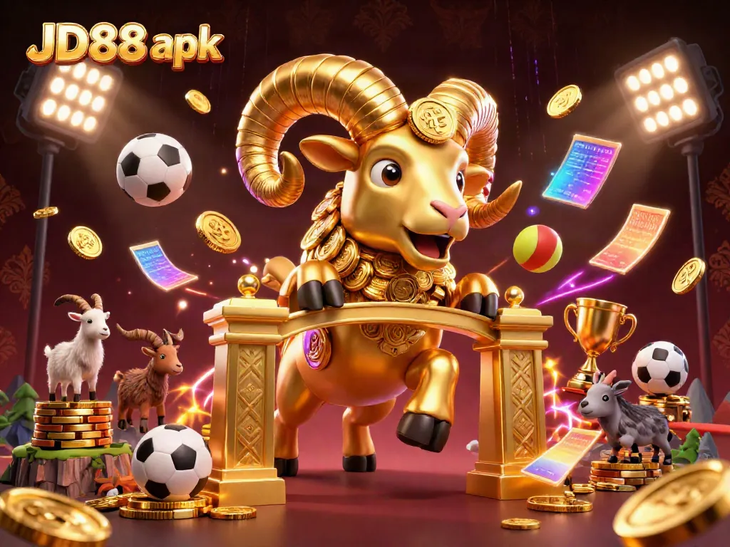 Experience JD88 apk with a dynamic 3D casino scene featuring a golden ram and sports elements.