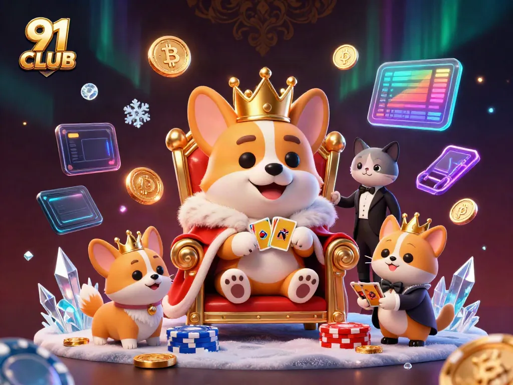 Engage in the thrilling world of 91 CLUB with an animated royal corgi and casino elements.