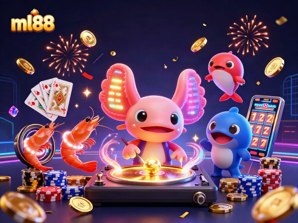 Spin and win at ml88 with vibrant dance party featuring axolotl DJ and glowing shrimp, bursting with casino excitement.