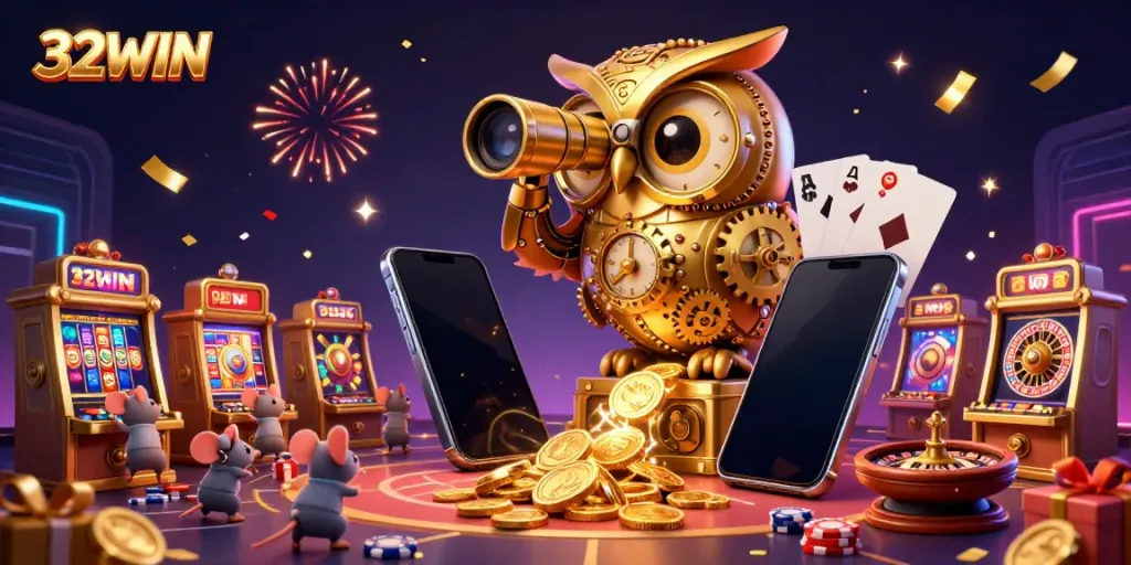 Engage with 32WIN's exciting casino experience featuring a golden owl and vibrant gaming elements.