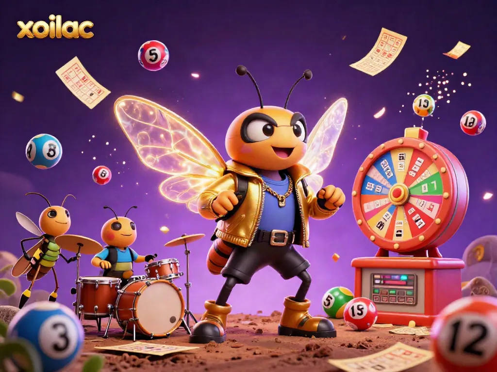 Xoilac captures thrilling moments with a dynamic scene of a cicada rock star and colorful lottery elements.