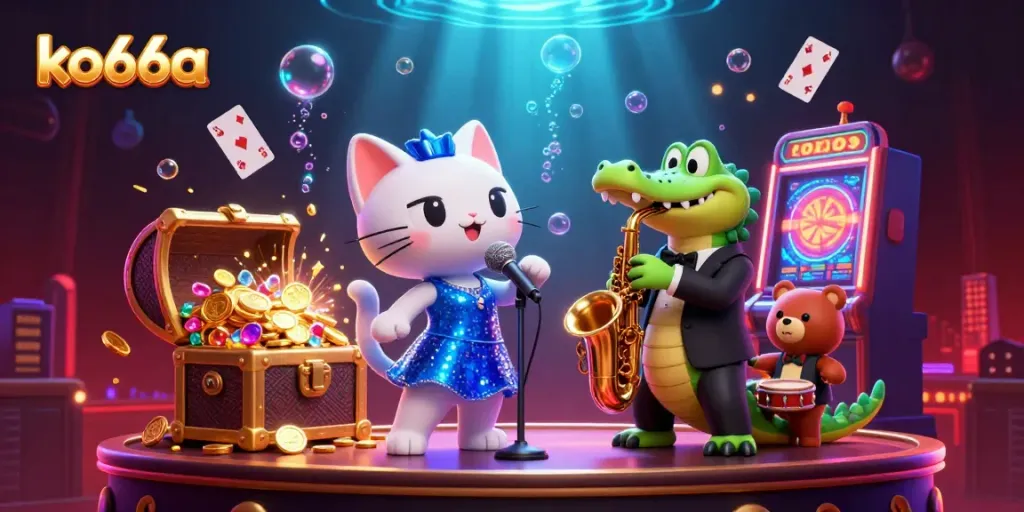Jazz singer cat performing on stage at ko66a casino, surrounded by vibrant gaming elements.