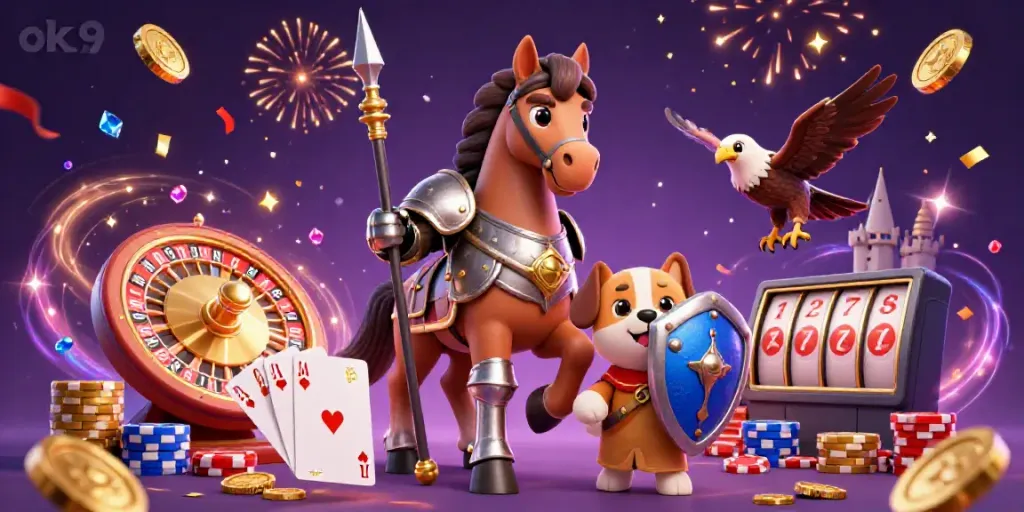Experience exciting gameplay with ok9, featuring vibrant casino characters, coins, and roulette action.