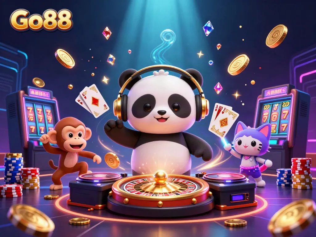 Engage with Go88’s vibrant online gaming atmosphere featuring colorful characters and casino elements.