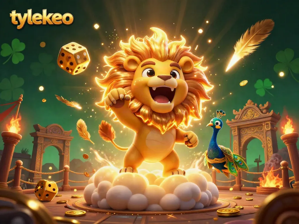Experience exciting gameplay with tylekeo's vivid casino scene filled with roaring lion and golden dice.