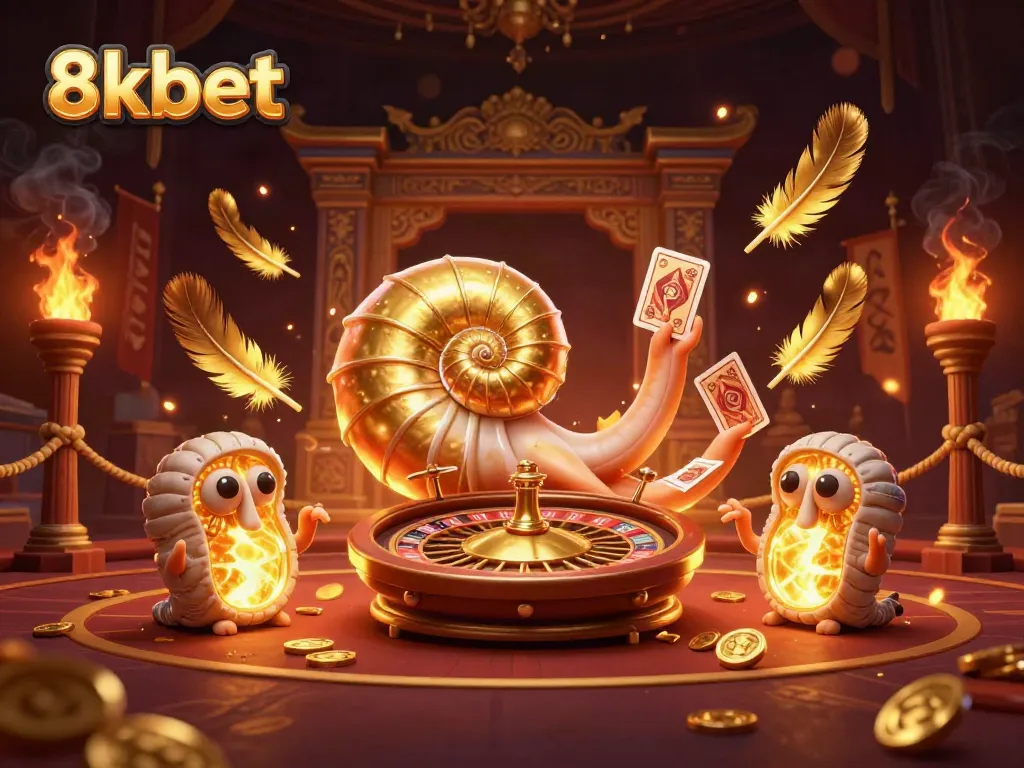 Experience thrilling gameplay at 8kbet, with a giant nautilus roulette wheel and card-holding tentacles in a vibrant casino illustration.