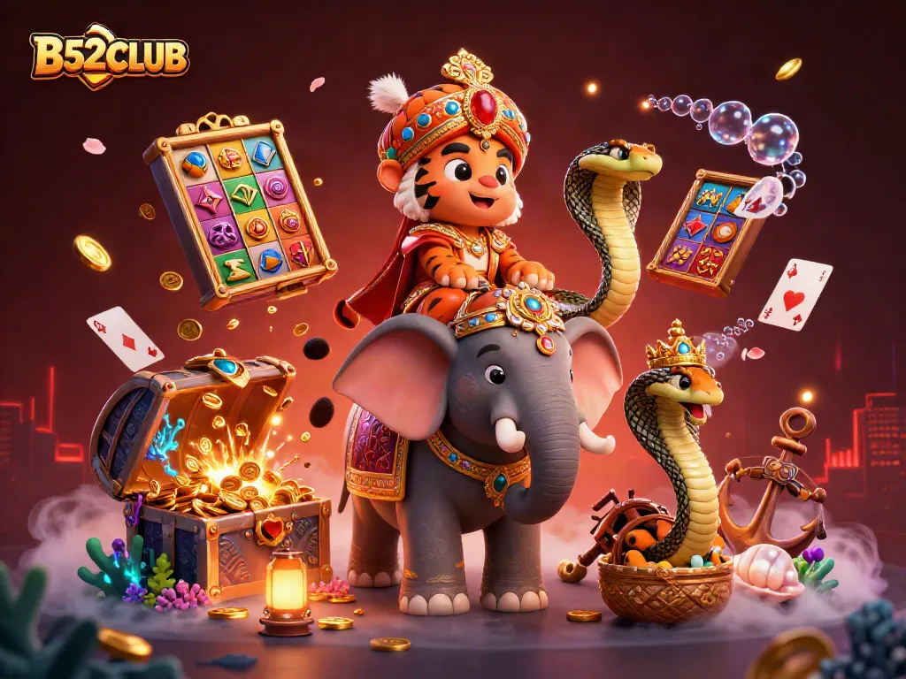 B52CLUB players hitting the jackpot with dynamic slot reels under a vibrant casino scene.