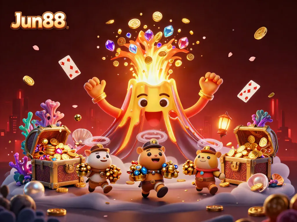 Win big at Jun88 with vibrant treasures and explosive fun in this casino-themed digital illustration.