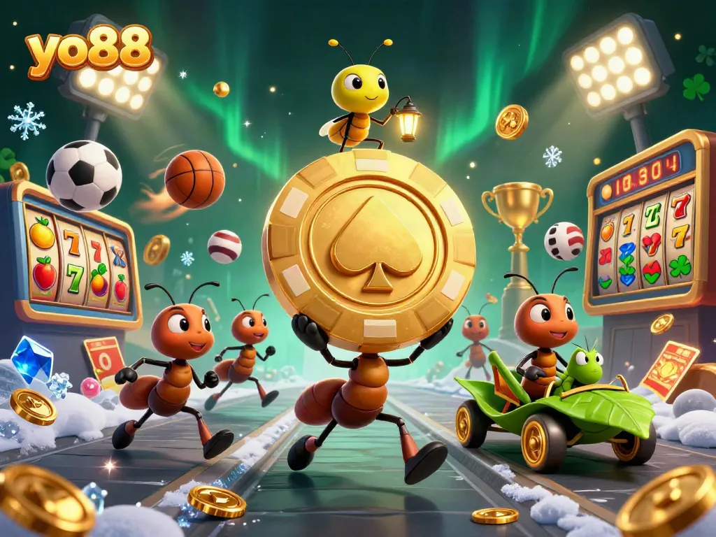 Yo88 ants on a heist with a golden poker chip, surrounded by dynamic casino elements.