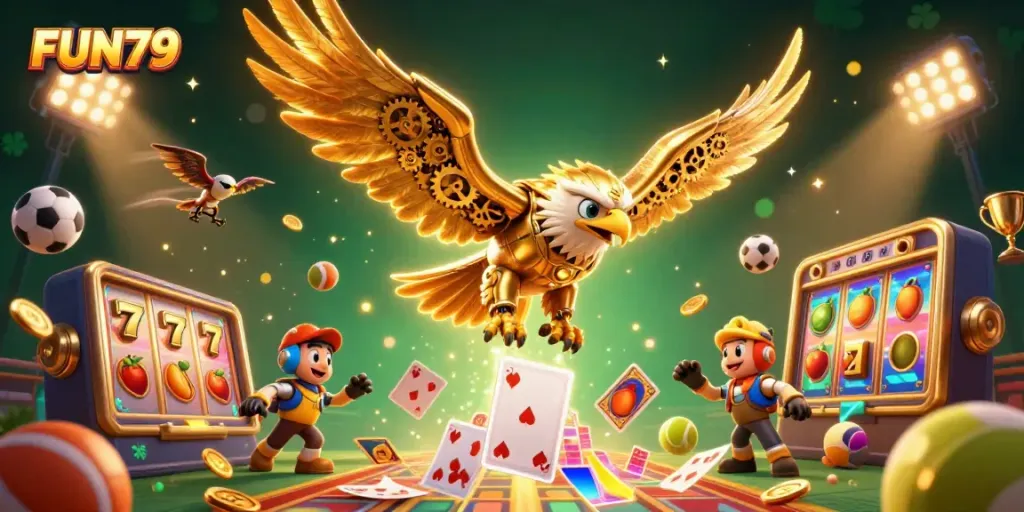 Experience the excitement of FUN79 with a vibrant illustration showcasing cybernetic and organic elements in a gambling scene.