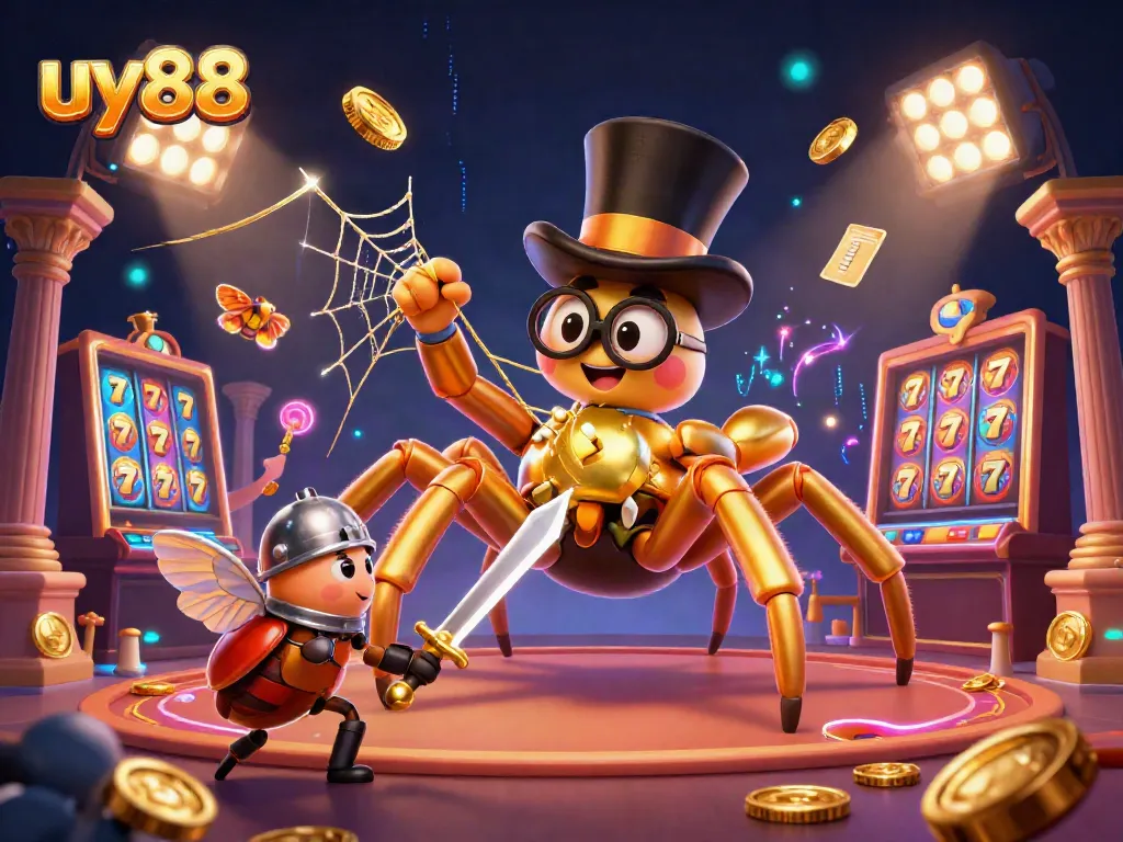 Experience the excitement of uy88 with a vibrant 3D visual of a golden tarantula, a beetle knight, and slots.