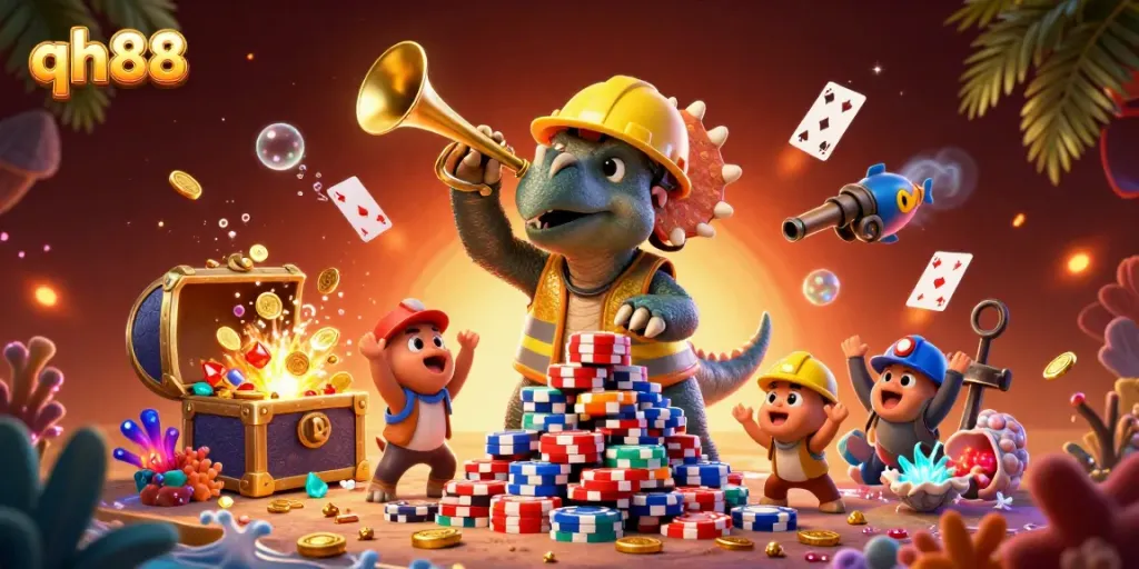 Engage in thrilling gambling action at qh88 with triceratops building poker chip pyramid