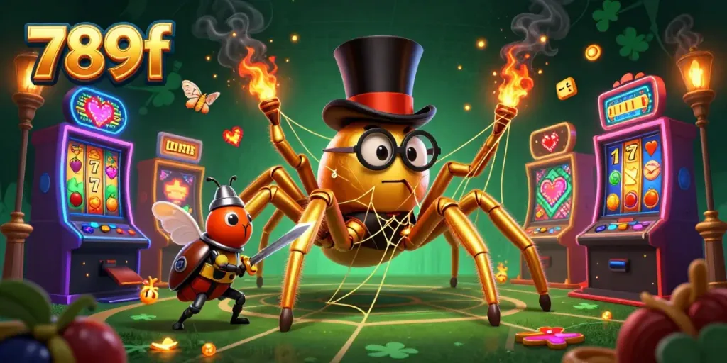 Engage in exciting casino adventures with 789f's dynamic scene filled with slot machines and colorful characters.
