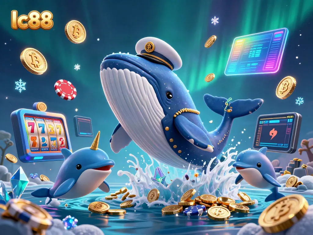 Engage in exciting gameplay with lc88's animated casino scene featuring a whale and narwhal in a sea of coins.