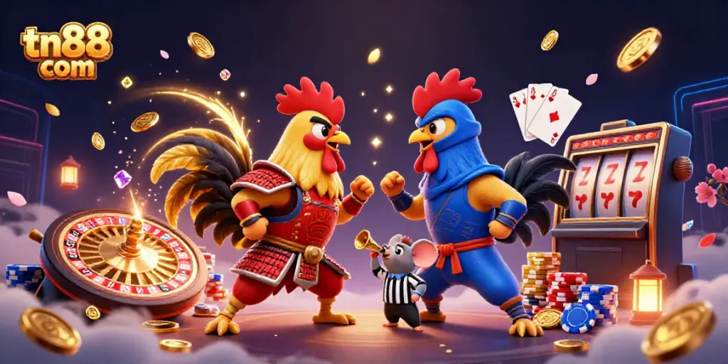 Experience the thrilling battle of twin 3D cartoon roosters in tn88 com, highlighting vibrant casino elements.