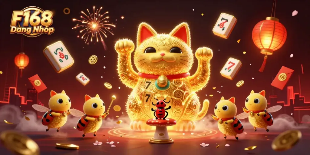 Experience the thrill of F168 Đăng Nhập with a lucky cat and vibrant casino symbols.