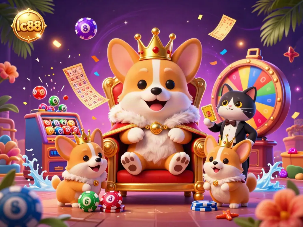 Engage with vibrant lc88 casino fun featuring a royal corgi and dynamic lottery elements in a packed illustration.