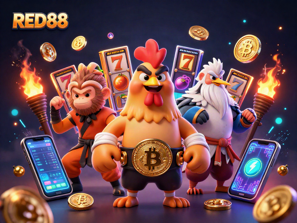 Engage with RED88 through a vibrant, action-packed casino scene filled with energy and excitement.