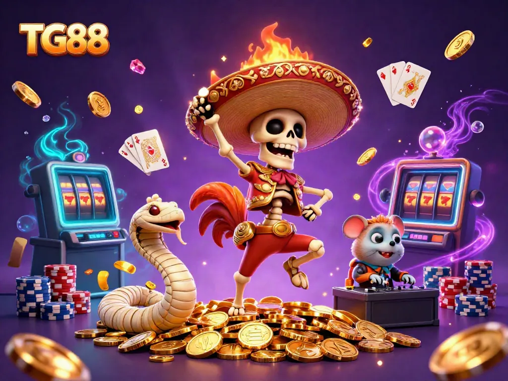 Experience the vibrant and energetic world of TG88 with lively characters celebrating amidst casino gaming elements.