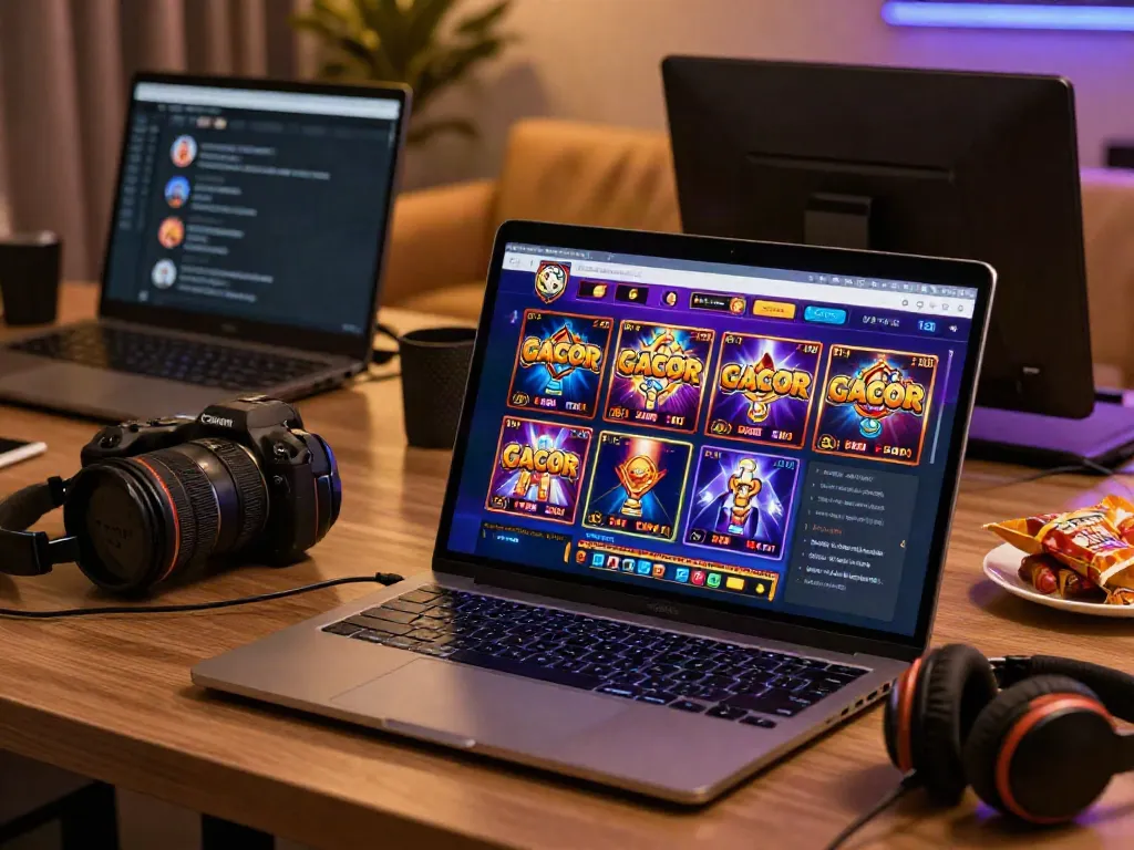 Engaging online gaming setup displaying slot gacor games on a laptop with vibrant graphics, enhancing player experience.