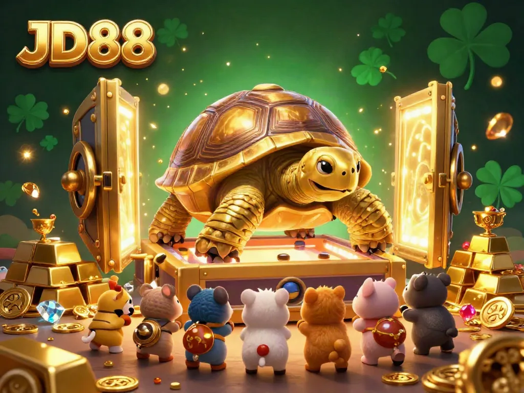 Engage in thrilling gameplay at JD88 with a vibrant scene featuring a golden tortoise pinball machine surrounded by treasure.