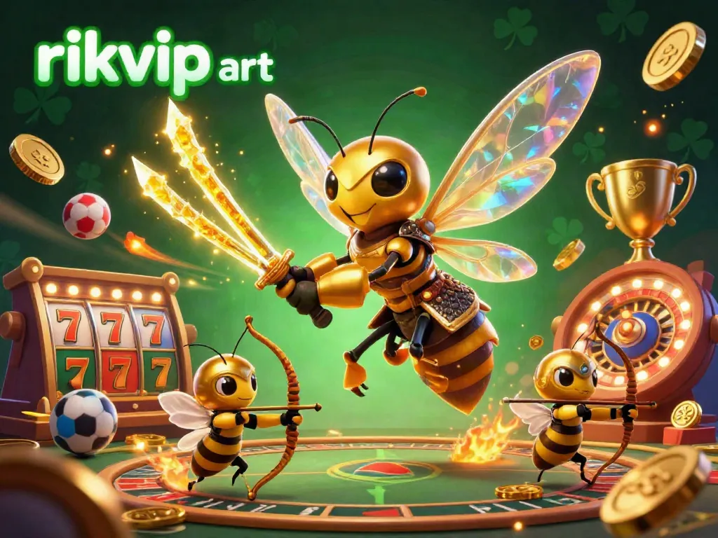 Experience the vibrant action of rikvip art, featuring a golden hornet and gaming elements like slots and roulette.
