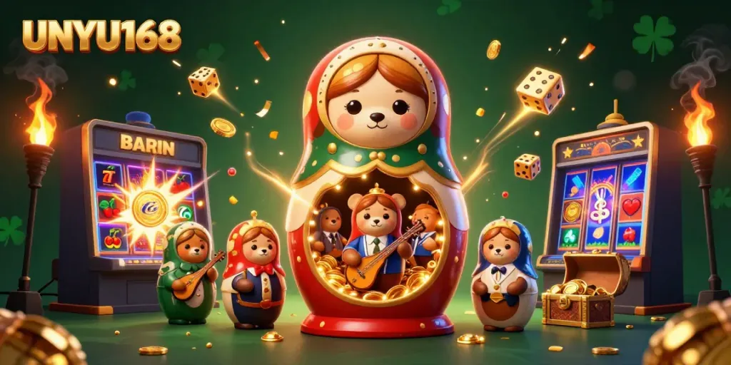 Permainan slot UNYU168 yang berwarna-warni dengan karakter lucu dan simbol keberuntungan.