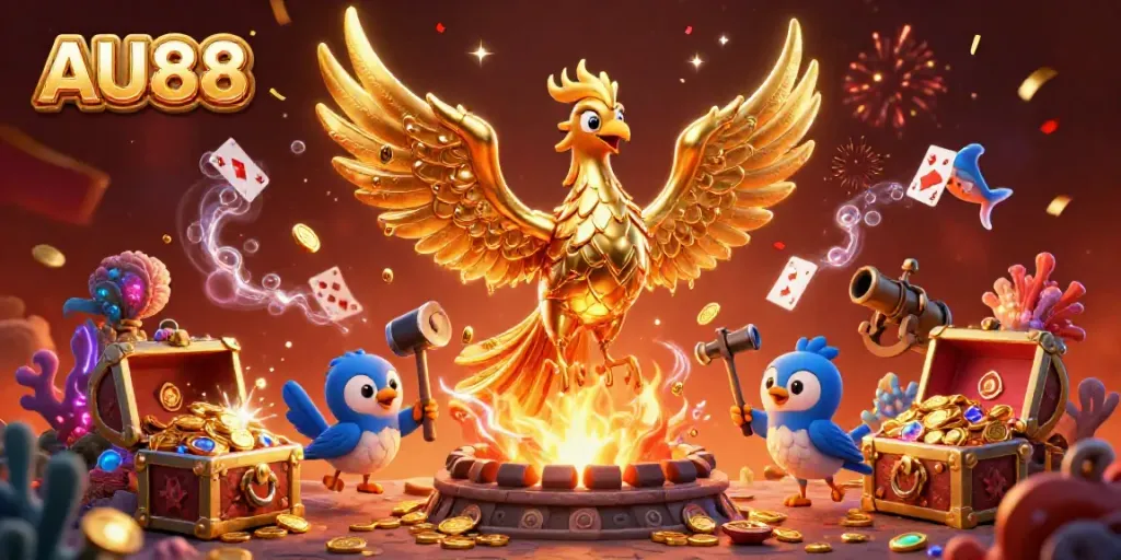 Experience the thrill of AU88 with a golden phoenix and treasure in a vibrant casino fantasy.