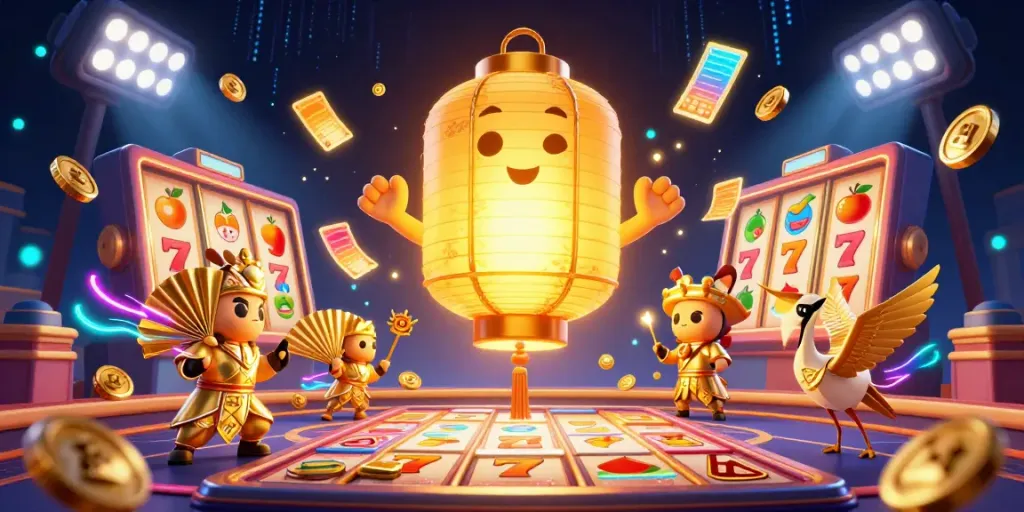 Permainan mahjong yang menarik dengan simbol keberuntungan dan koin emas di kasino malam.