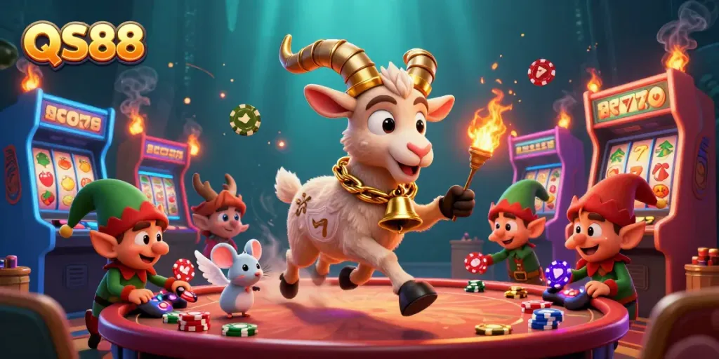 Experience the exciting world of QS88 with a festive, action-packed casino scene, featuring whimsical characters.