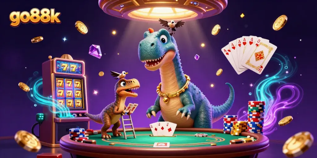 Engage with go88k in a vibrant casino scene featuring a cartoon dinosaur and a raptor dealer.