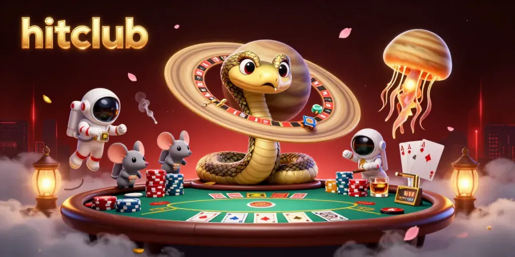 Hitclub engages players with playful astronaut mice betting on a cosmic roulette wheel scene.