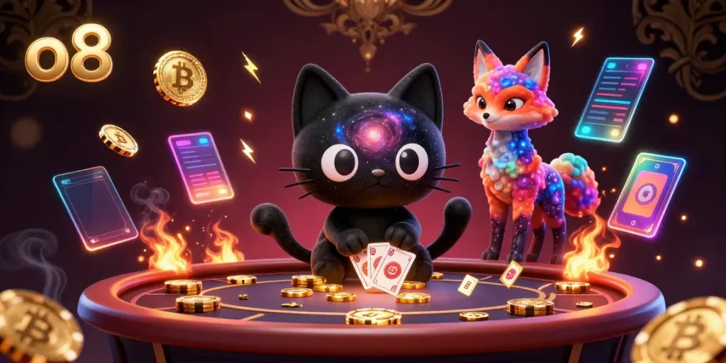 Experience the excitement of o8 as the cosmic casino cat draws players in with golden chips and cards.