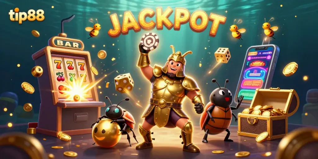 Engage with tip88 on a thrilling 3D casino adventure featuring winning characters and jackpot visuals.