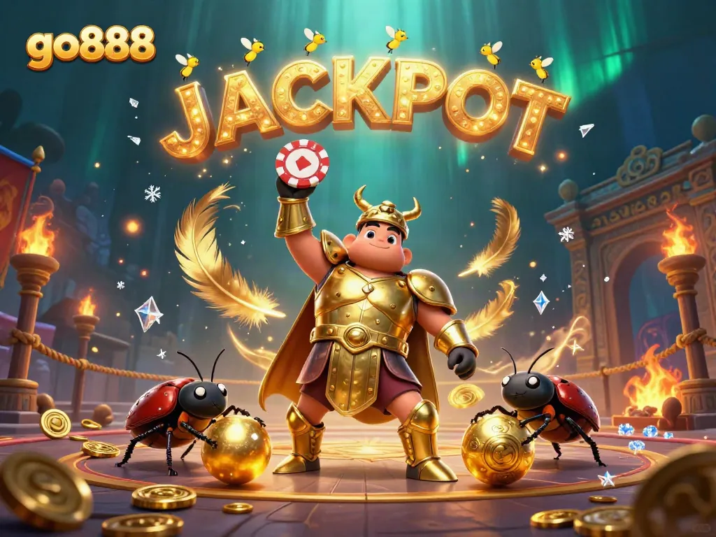 Go888's lively 3D casino scene showcasing heroes and jackpot excitement