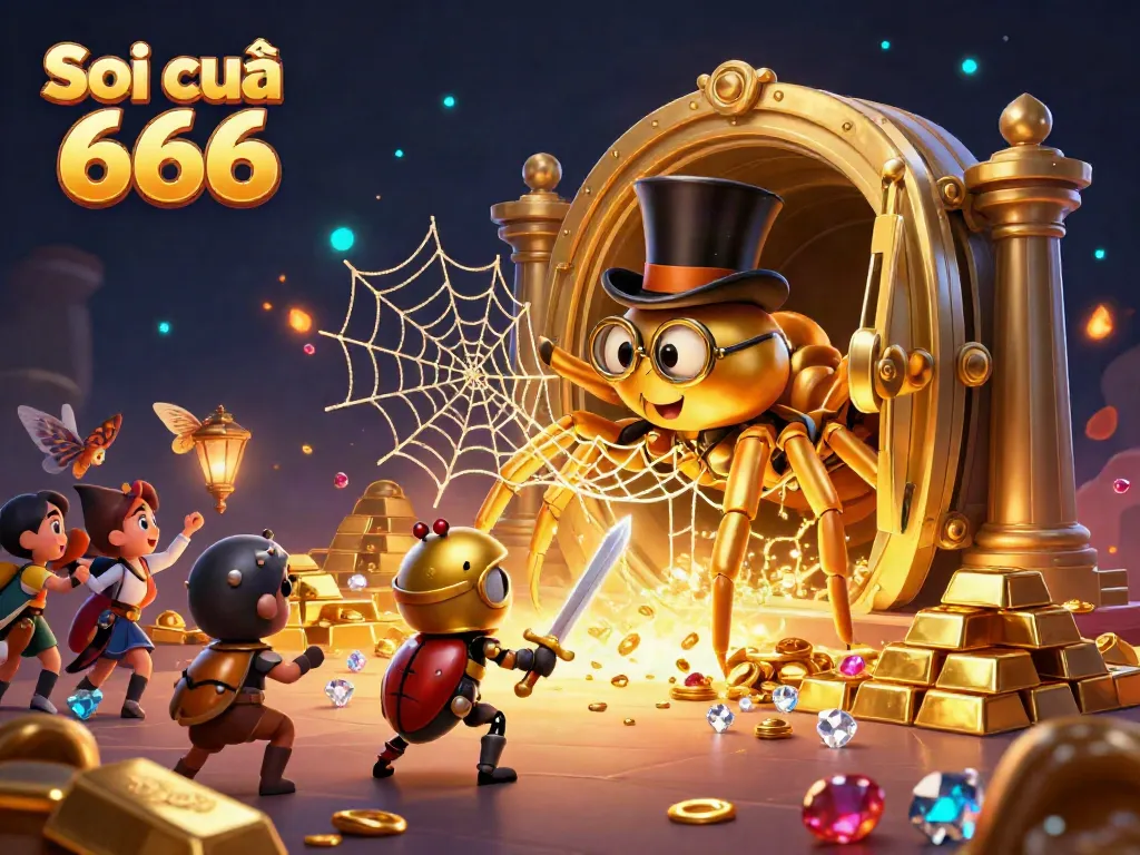 Soi cầu 666 captivating scene featuring whimsical characters amid casino-themed treasures and vibrant lighting effects.