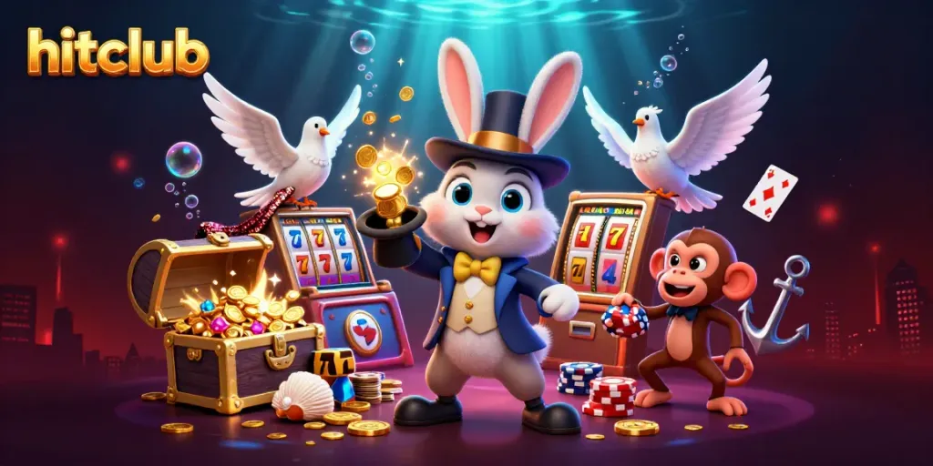 Experience the hitclub magic with a vibrant scene of cartoon characters and casino elements.