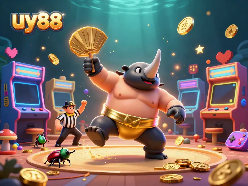Experience exhilarating gameplay at uy88 with the vibrant 3D casino scene featuring a beetle sumo champion and a cricket referee.