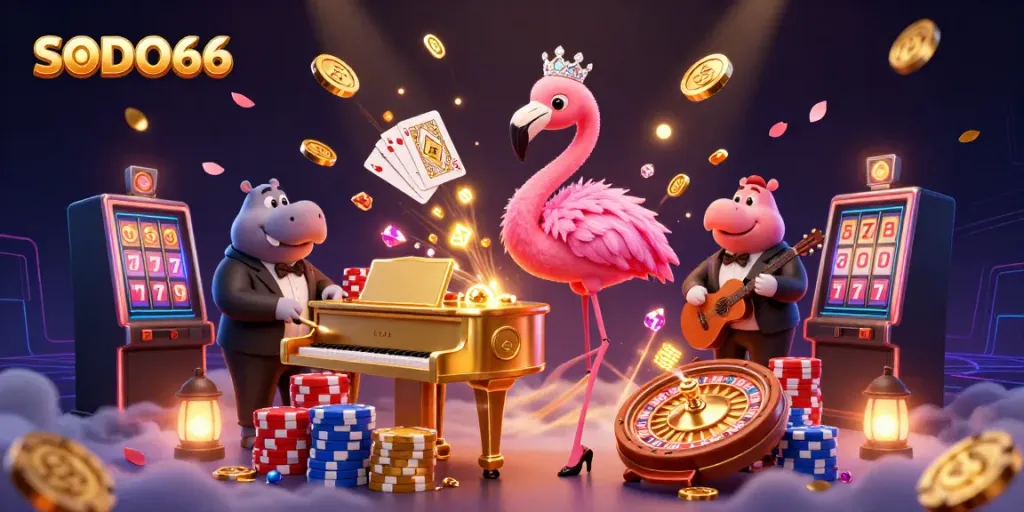 Catch the excitement at SODO66 with a vibrant casino scene featuring a flamingo singer and hippo bassist.