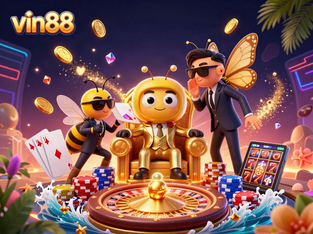 Play exciting games at vin88 with a vibrant 3D illustration of a bumblebee mob boss surrounded by casino elements.