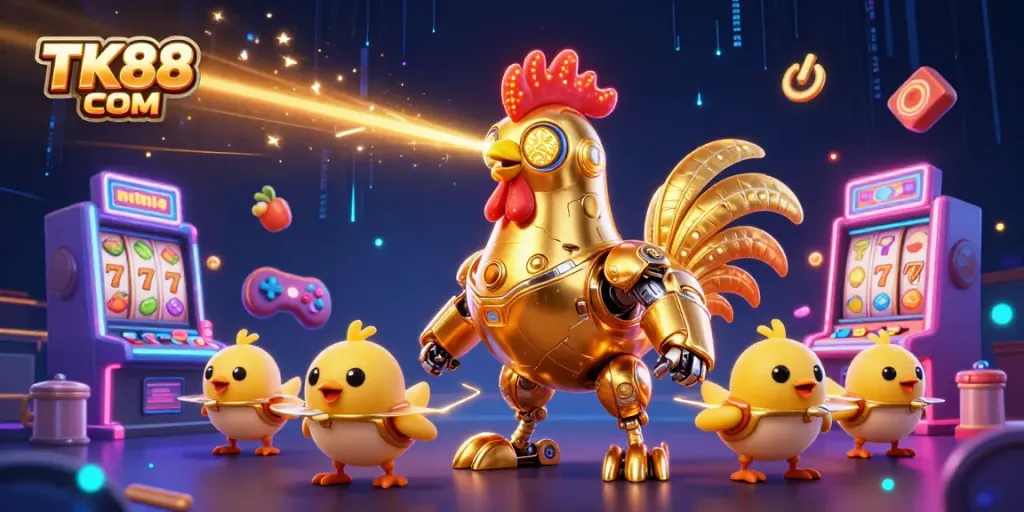 Experience thrilling jackpots with TK88 COM featuring golden rooster robots and dynamic slot games.