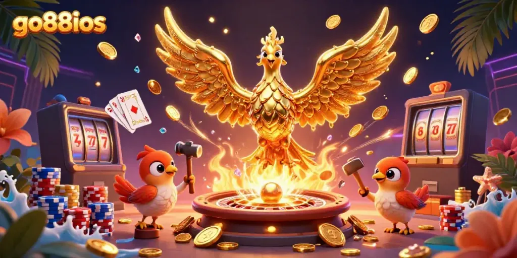 Experience the excitement at go88ios with golden phoenix and casino elements in a vivid 3D rendering.