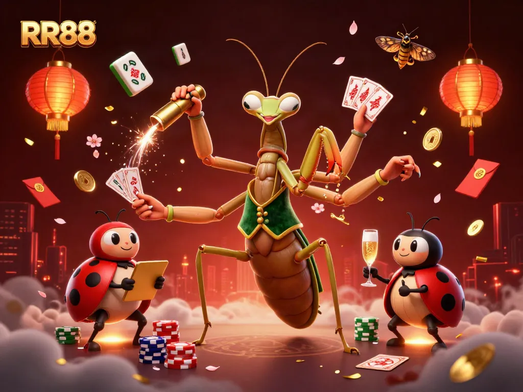 RR88 showcases a vibrant 3D illustration of a mantis dealer engaging players in an exciting casino atmosphere.
