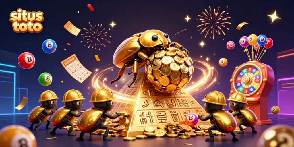 Engage in situs toto where a golden dung beetle rolls coins, surrounded by vibrant lottery elements.