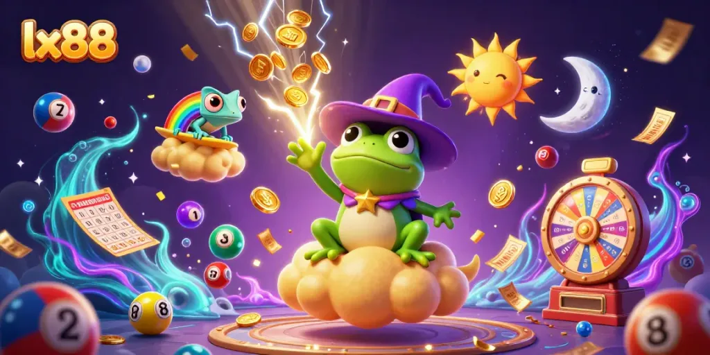 Experience the magic of lx88 casino with a vibrant illustration of a wizard frog and rainbow chameleon amidst golden coins.