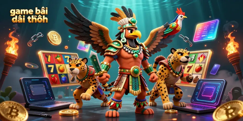Experience game bài đổi thưởng with 3D Aztec characters surrounded by vibrant casino elements.