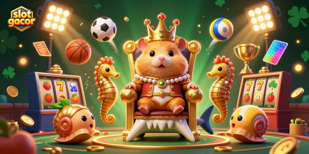 Pengalaman bermain slot gacor dengan raja hamster emas dan elemen kasino berwarna-warni.