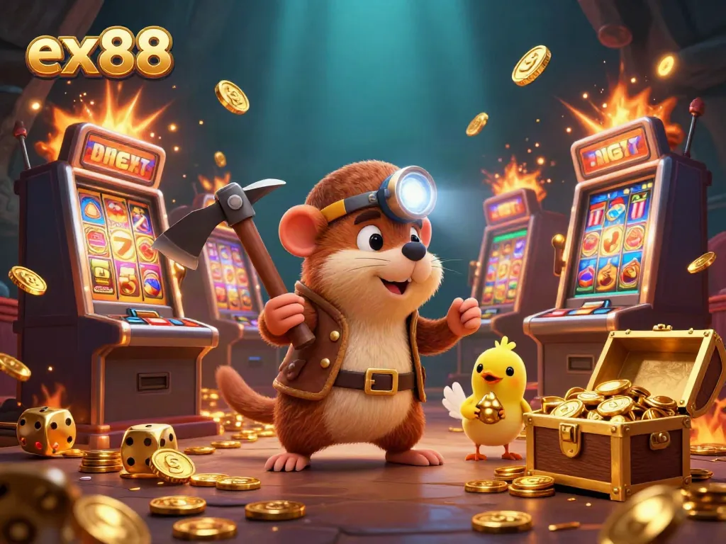 Experience the thrill of ex88 with a treasure hunter mole and golden slot machine explosion in this vibrant digital illustration.